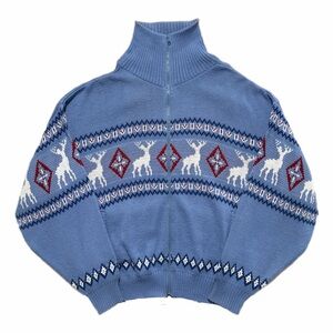 Scandia Woods Sweater Mens 2XL Blue Full Zip Fair Isle Reindeer Christmas